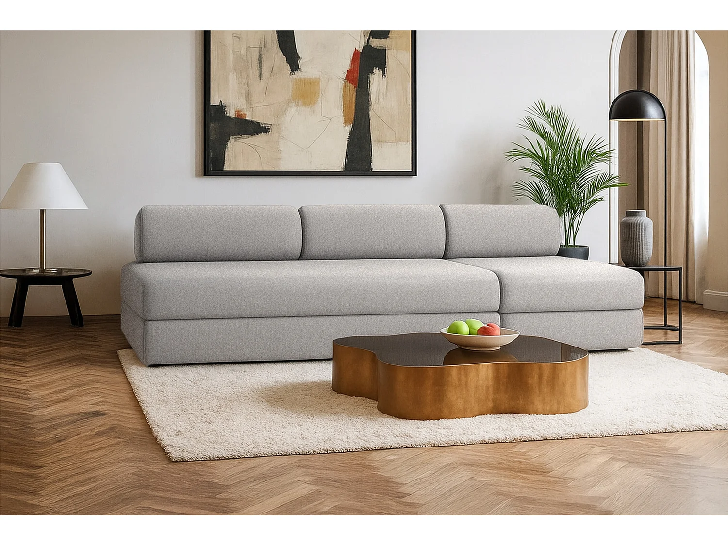 Canapé droit modulable et convertible 4 places - Tissu lisse - Gris clair