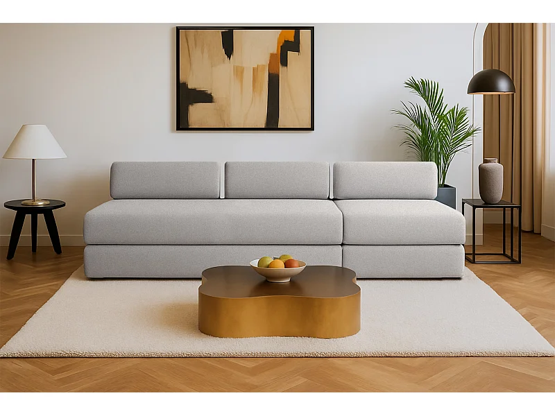 Canapé droit modulable et convertible 4 places - Tissu lisse - Gris clair