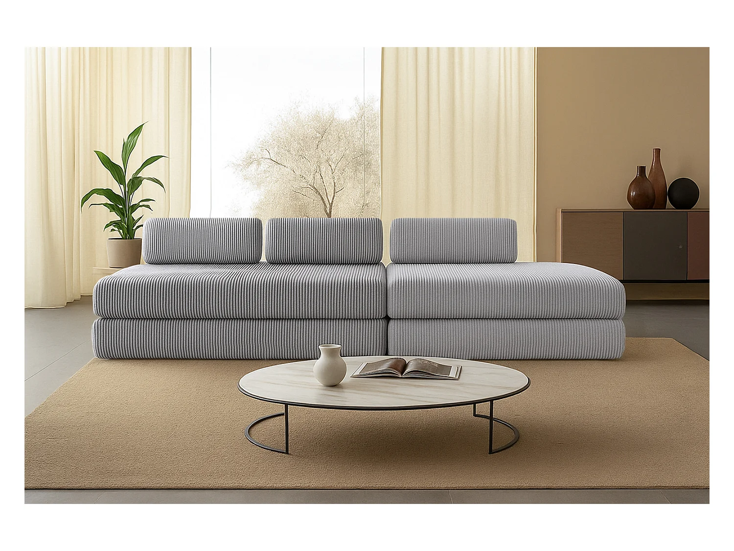 Canapé droit modulable et convertible 5 places - Velours côtelé - Gris clair