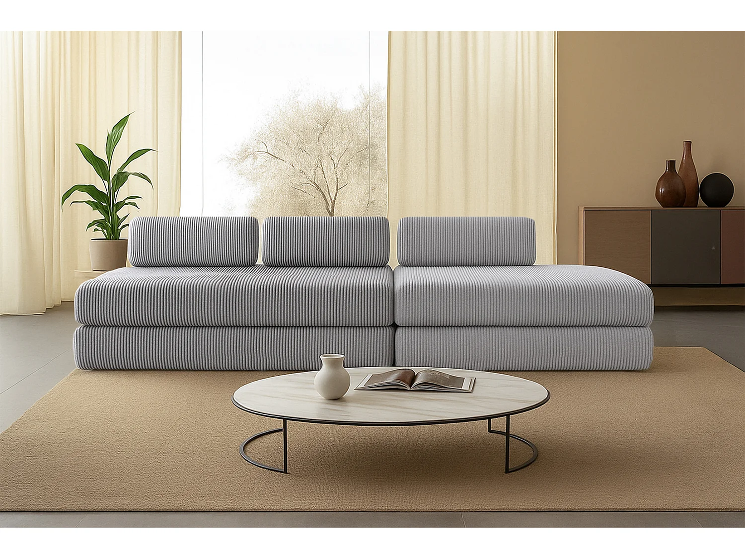 Canapé droit modulable et convertible 5 places - Velours côtelé - Gris clair