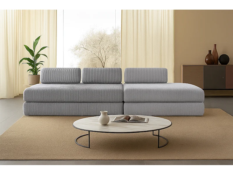 Canapé droit modulable et convertible 5 places - Velours côtelé - Gris clair