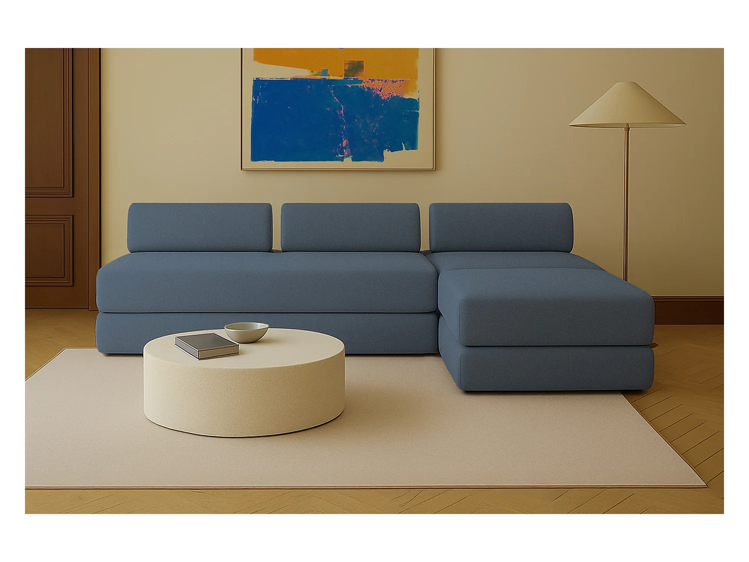 Canapé d'angle modulable et convertible 6 places - Tissu lisse - Bleu