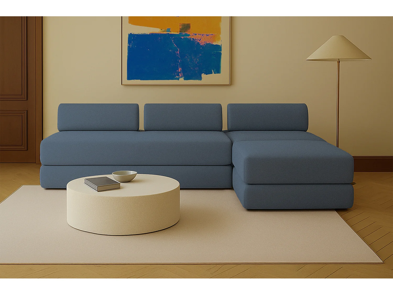 Canapé d'angle modulable et convertible 6 places - Tissu lisse - Bleu