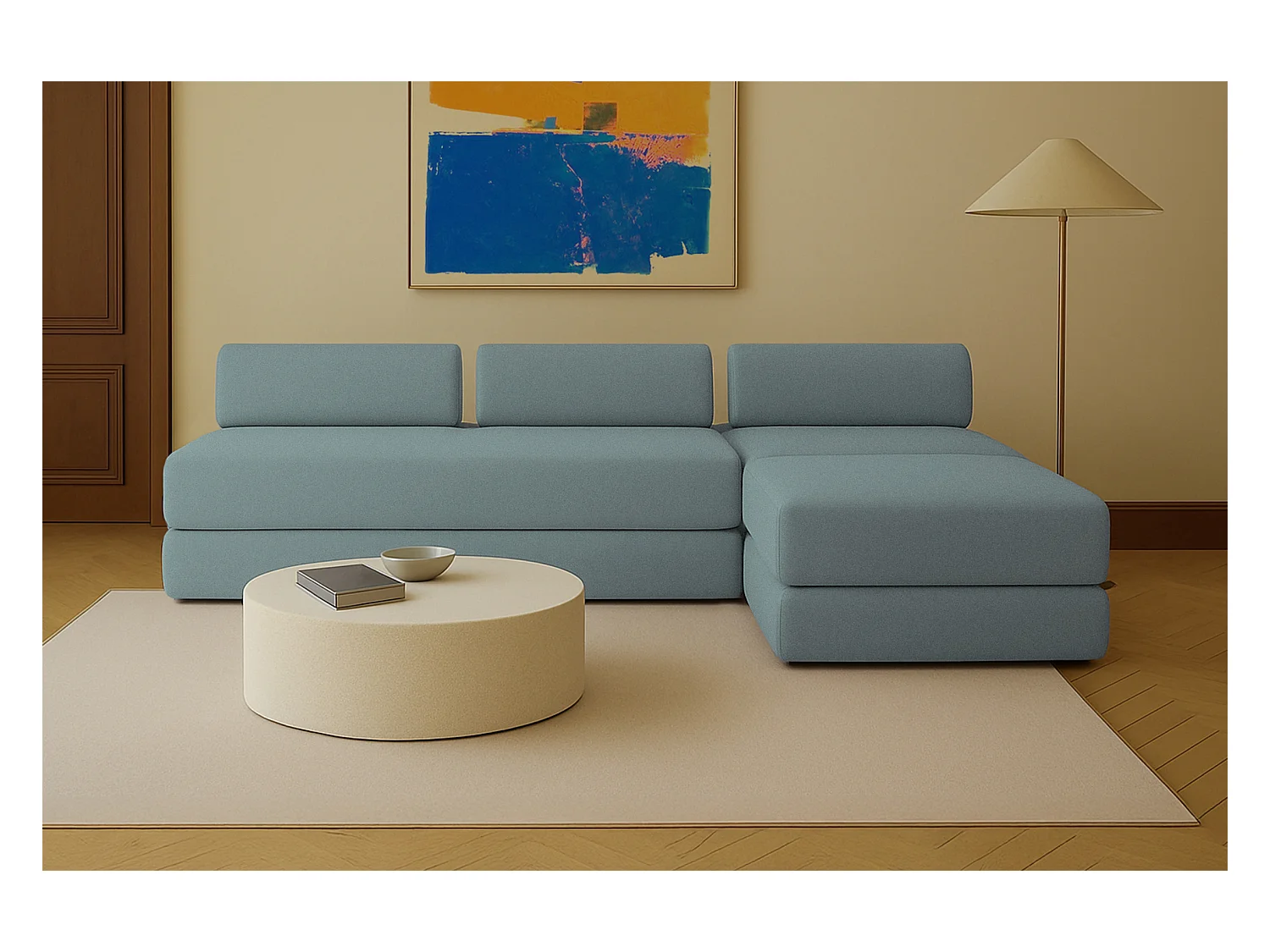 Canapé d'angle modulable et convertible 6 places - Tissu lisse - Bleu vert