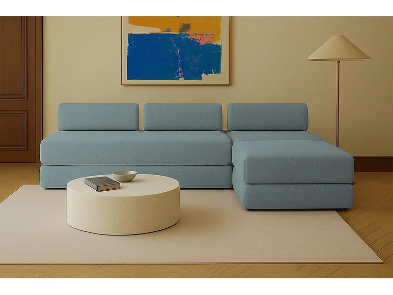 Canapé d'angle modulable et convertible 6 places - Tissu lisse - Bleu vert