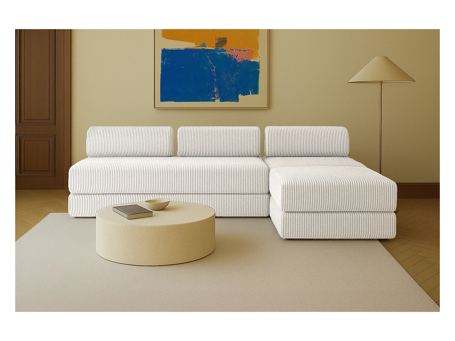 Canapé d'angle modulable et convertible 6 places - Velours côtelé XL - Blanc