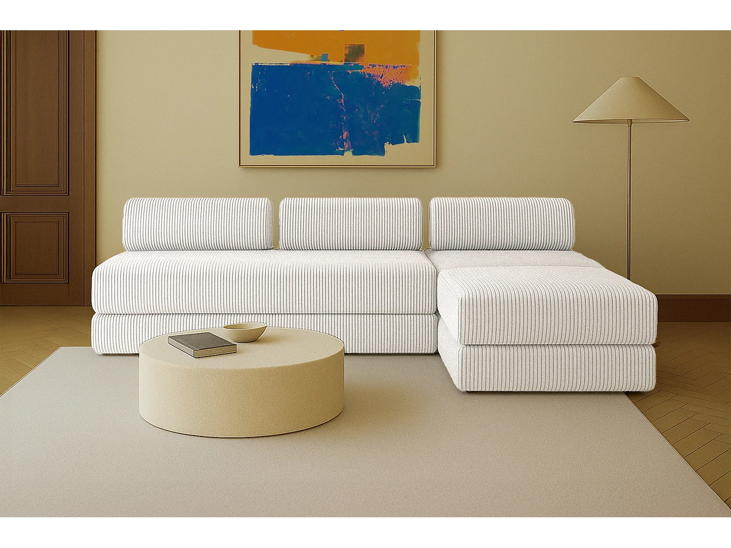 Canapé d'angle modulable et convertible 6 places - Velours côtelé XL - Blanc