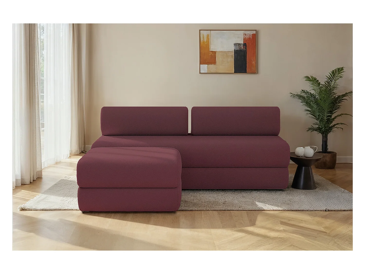 Canapé d'angle modulable et convertible 4 places - Tissu lisse - Rouge