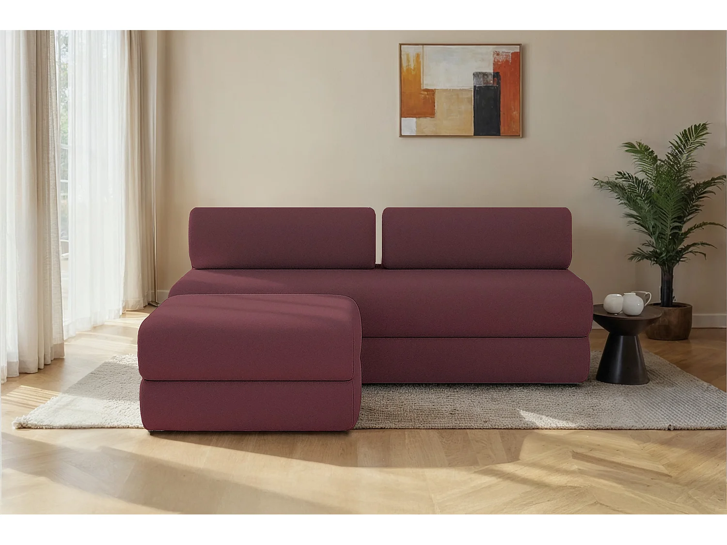 Canapé d'angle modulable et convertible 4 places - Tissu lisse - Rouge
