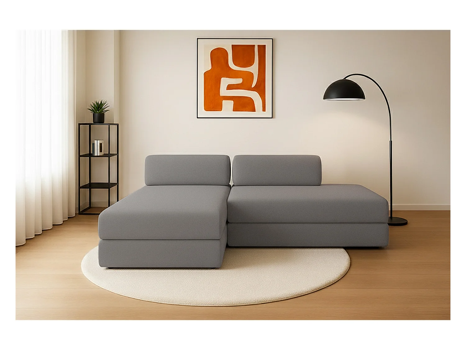 Canapé d'angle modulable et convertible 5 places - Tissu lisse - Gris