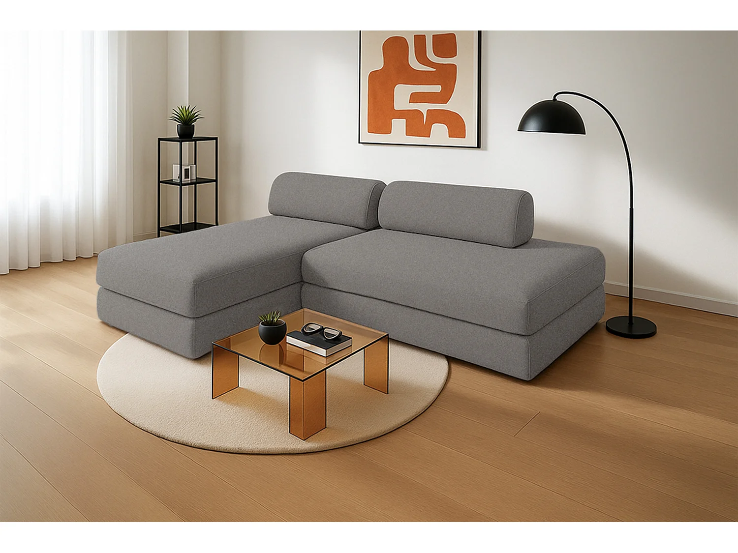 Canapé d'angle modulable et convertible 5 places - Tissu lisse - Gris