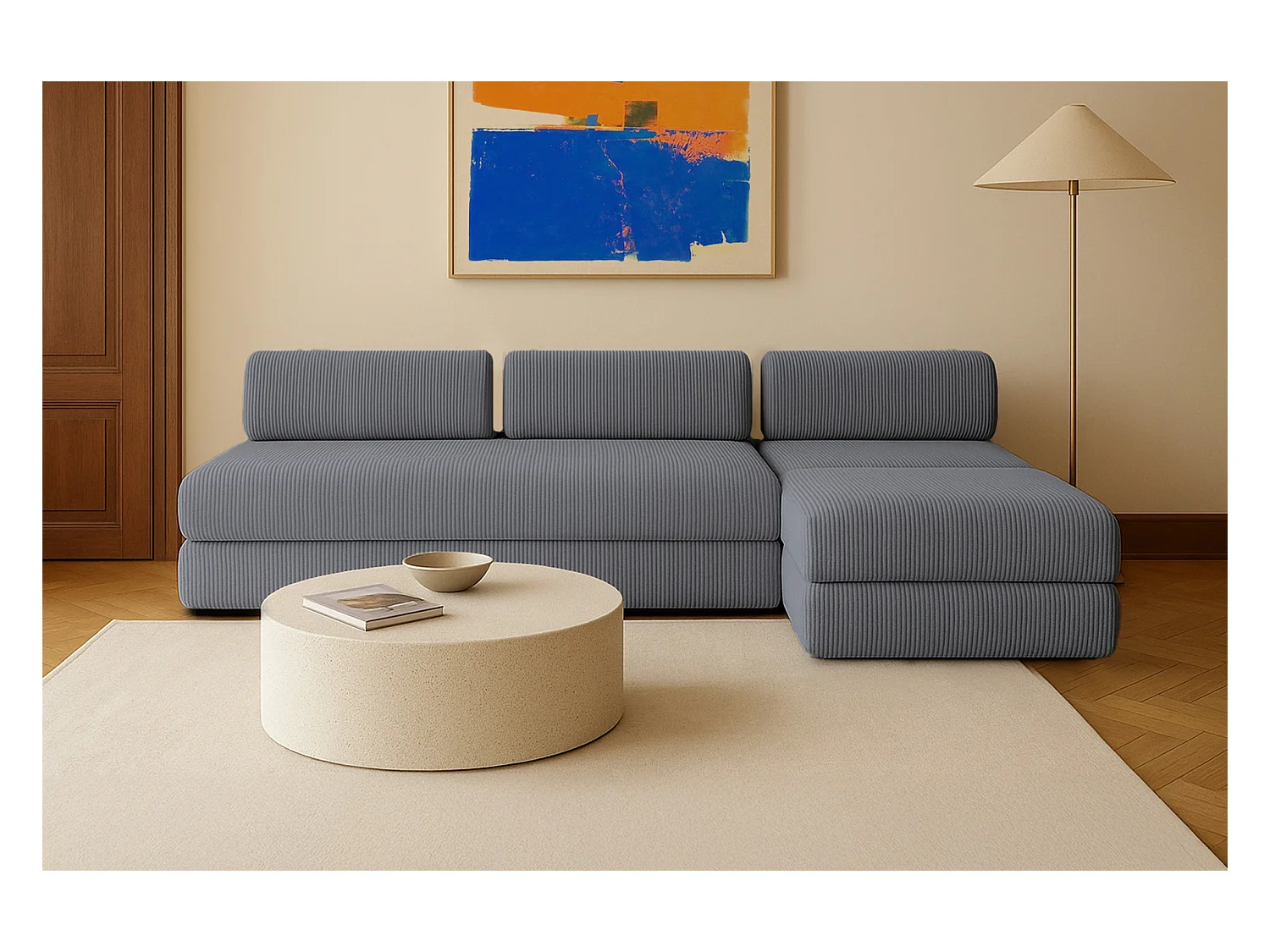 Canapé d'angle modulable et convertible 6 places - Velours côtelé - Gris