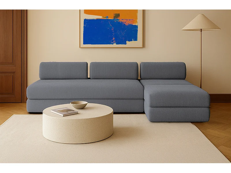 Canapé d'angle modulable et convertible 6 places - Velours côtelé - Gris