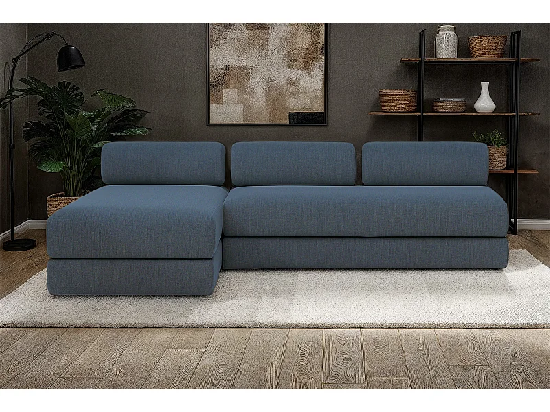 Canapé d'angle modulable et convertible 6 places - Tissu lisse - Bleu