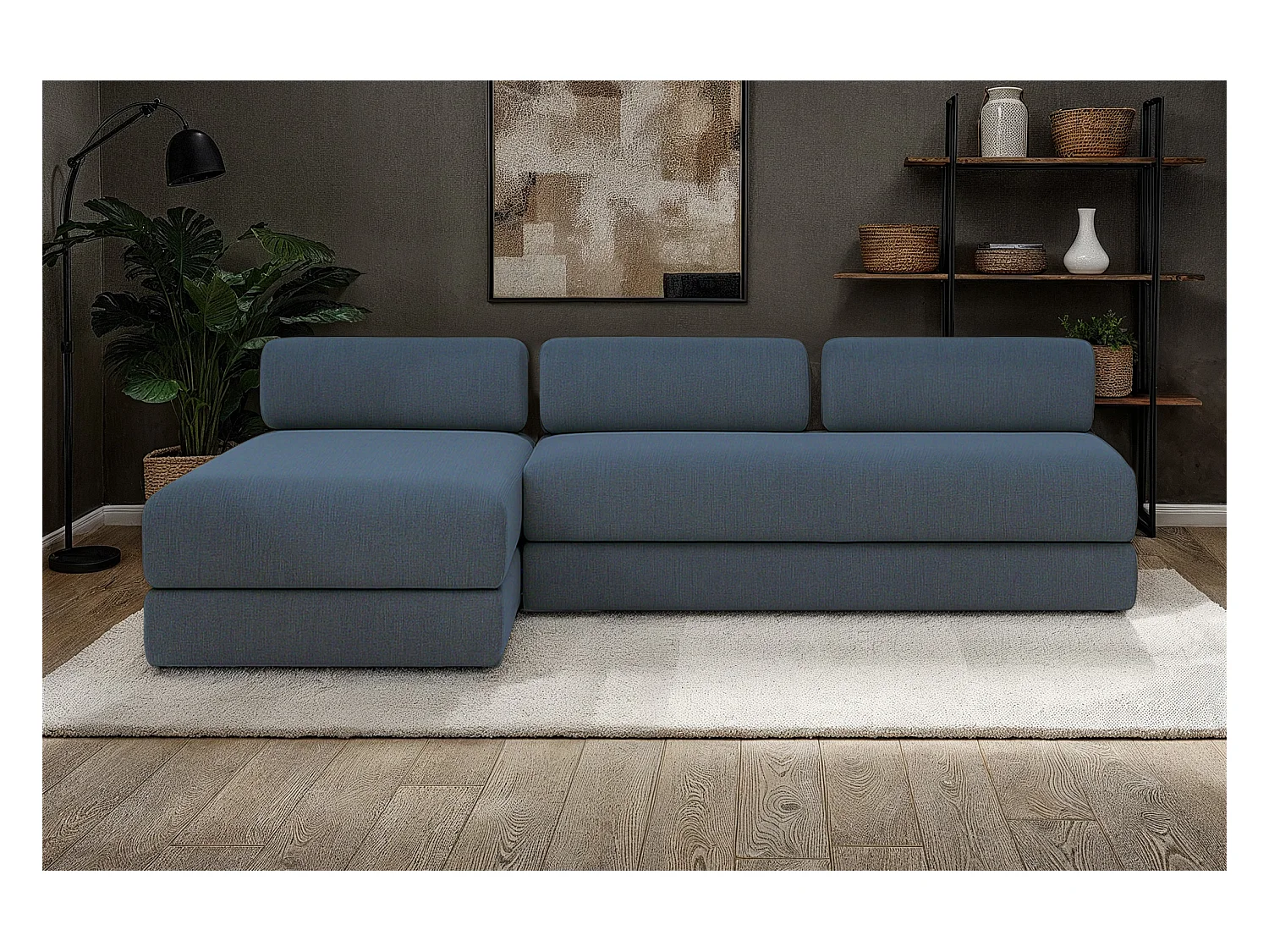 Canapé d'angle modulable et convertible 6 places - Tissu lisse - Bleu