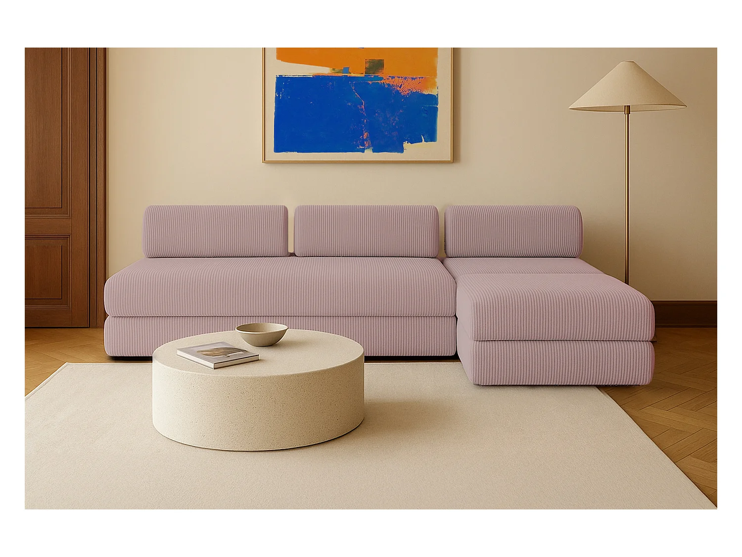 Canapé d'angle modulable et convertible 6 places - Velours côtelé - Rose pâle