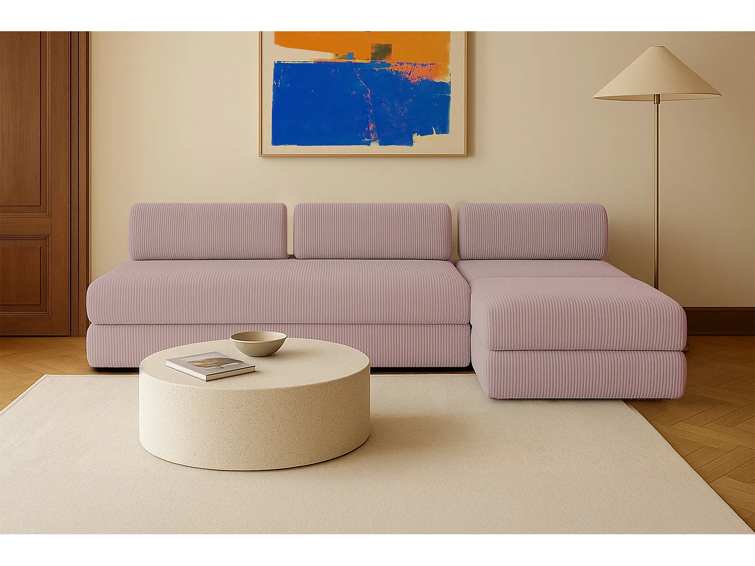 Canapé d'angle modulable et convertible 6 places - Velours côtelé - Rose pâle