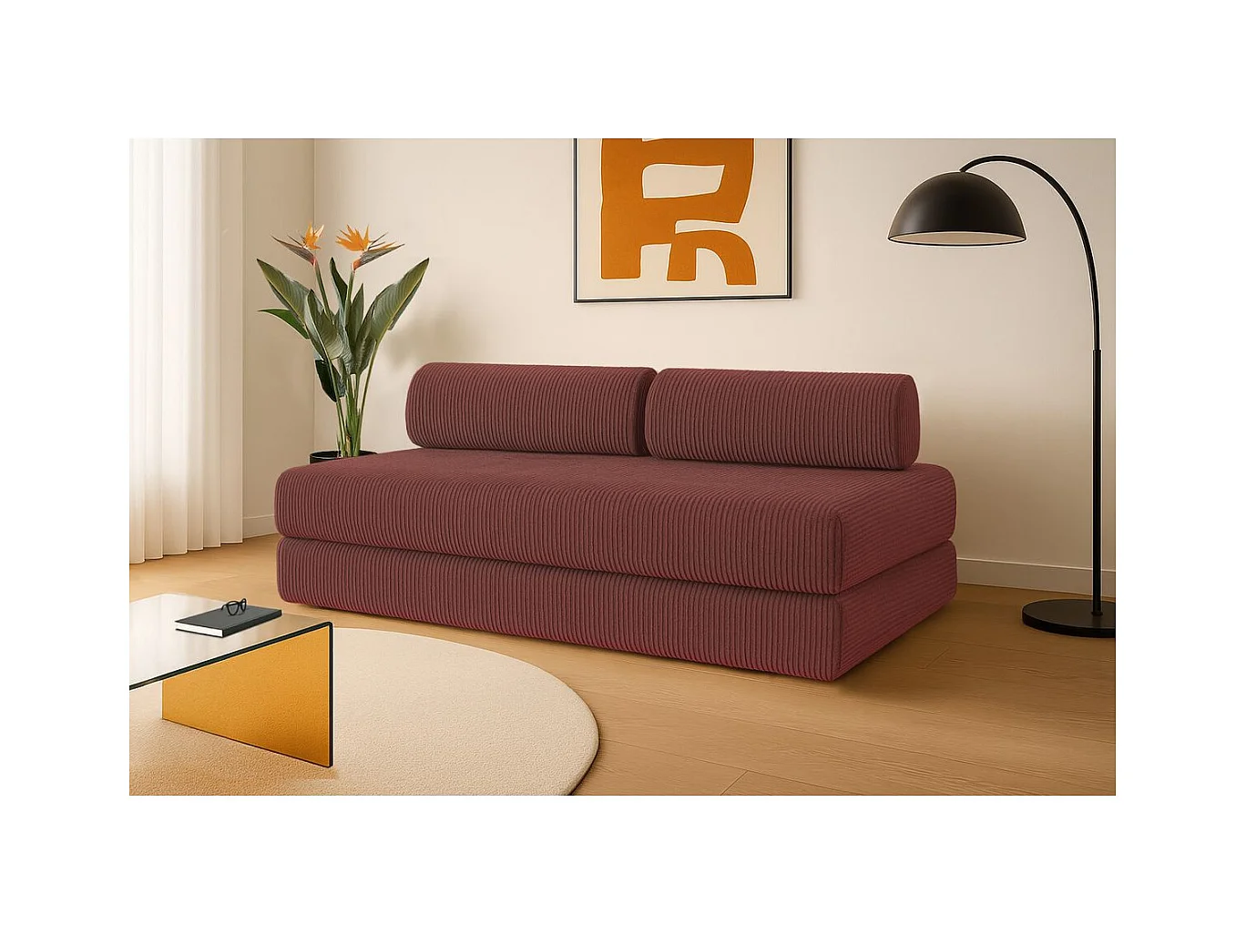 Canapé droit modulable et convertible 3 places - Velours côtelé - Rouge