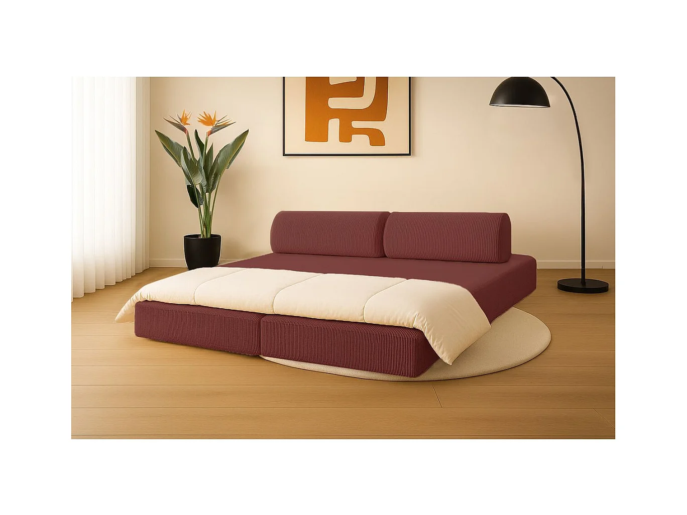 Canapé droit modulable et convertible 3 places - Velours côtelé - Rouge