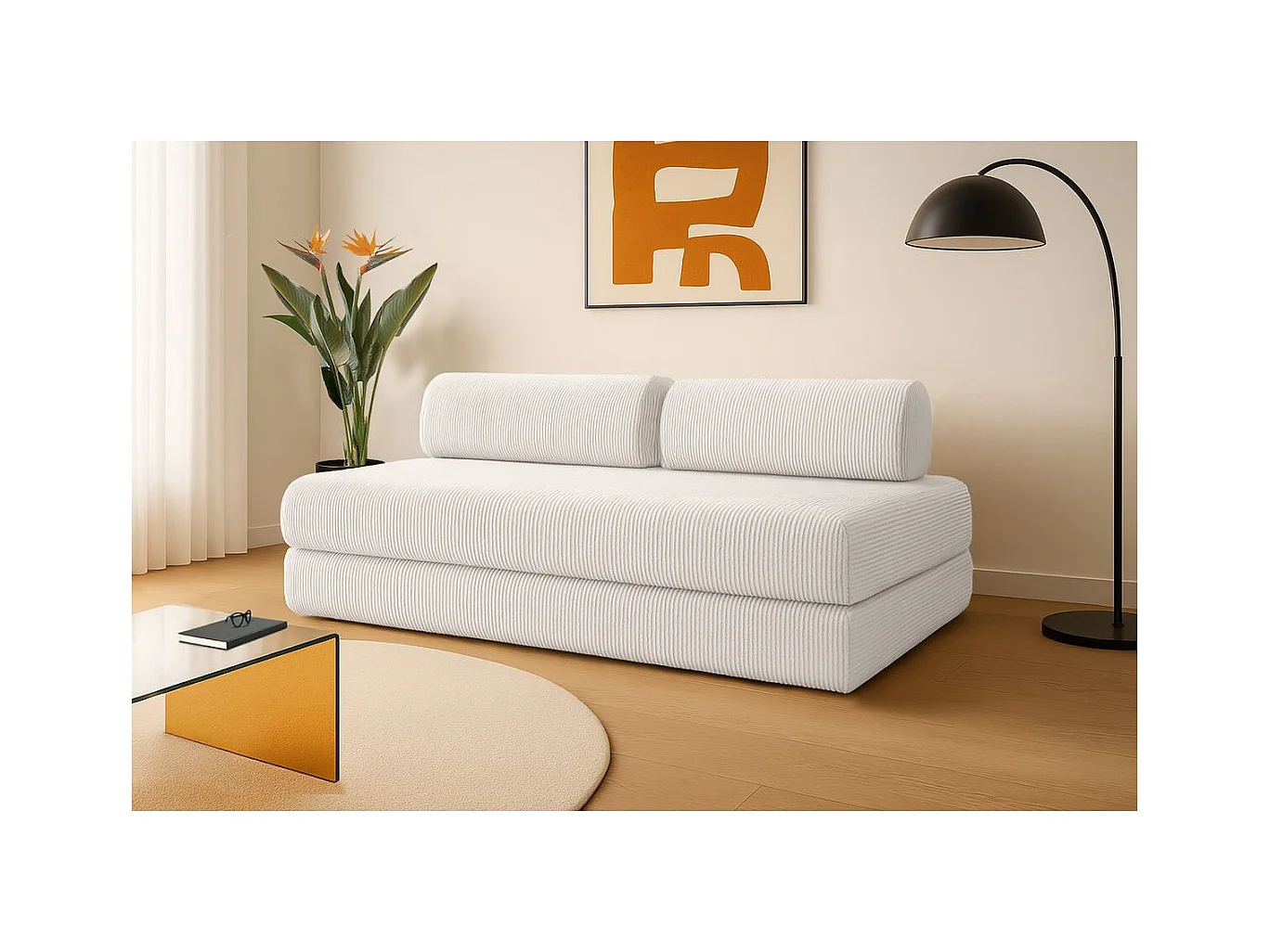 Canapé droit modulable et convertible 3 places - Velours côtelé - Blanc