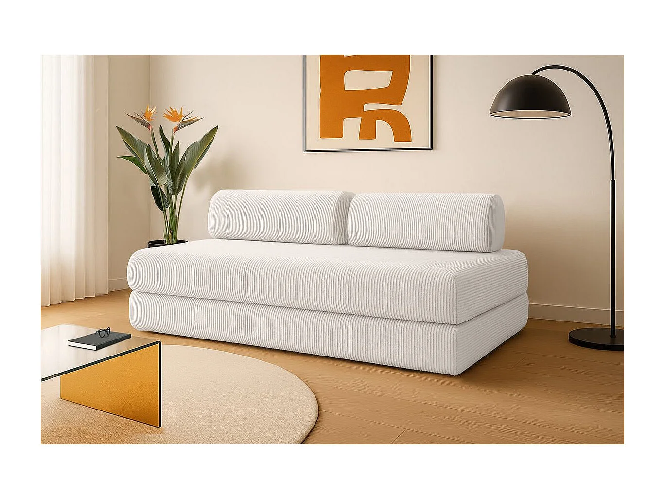 Canapé droit modulable et convertible 3 places - Velours côtelé - Blanc
