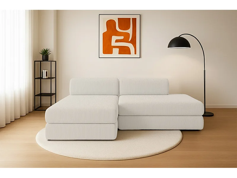 Canapé d'angle modulable et convertible 5 places - Velours côtelé XL - Blanc