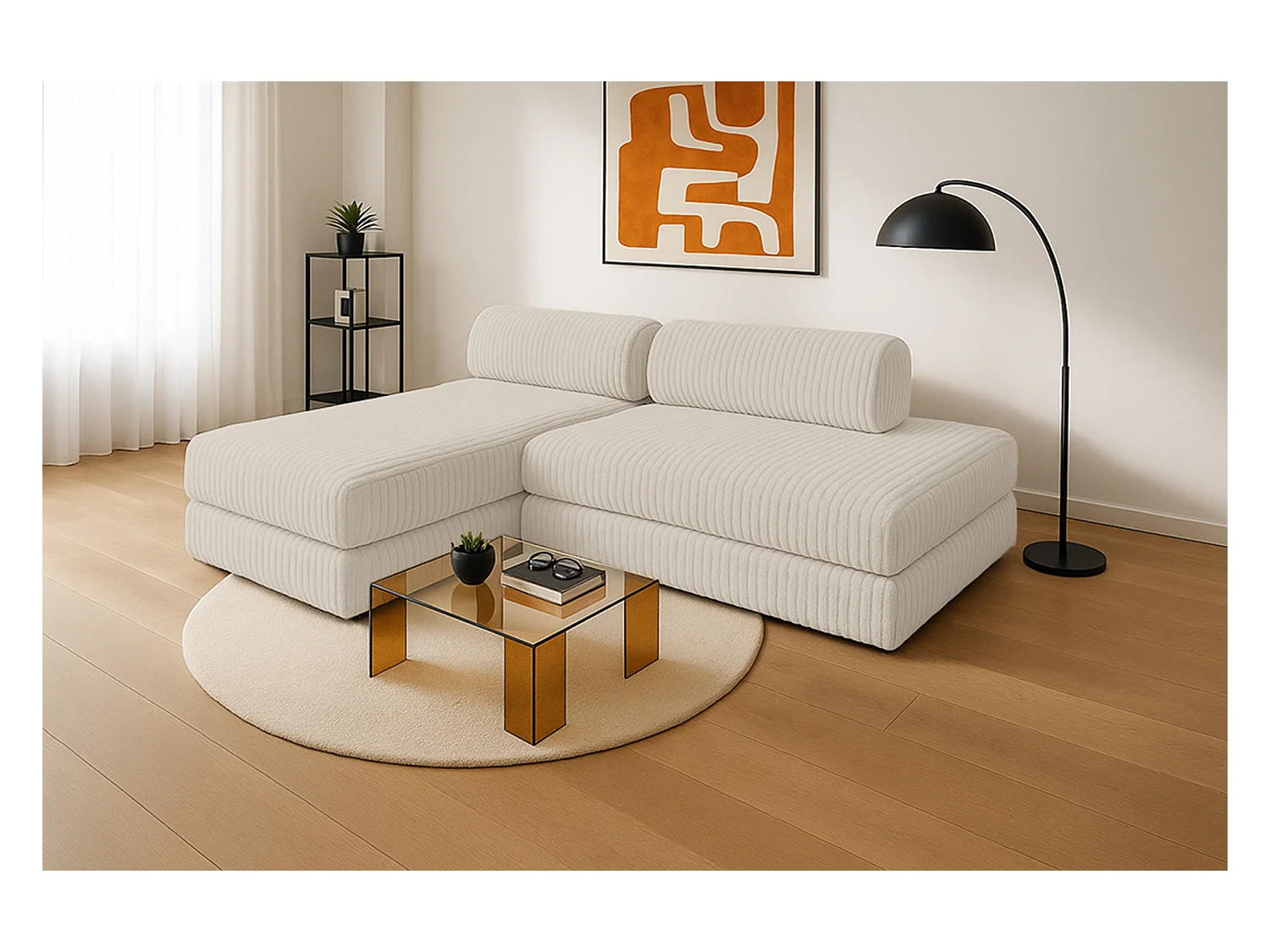 Canapé d'angle modulable et convertible 5 places - Velours côtelé XL - Blanc