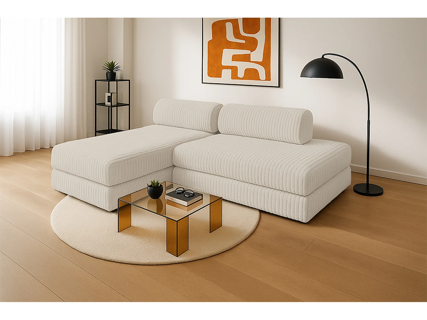 Canapé d'angle modulable et convertible 5 places - Velours côtelé XL - Blanc