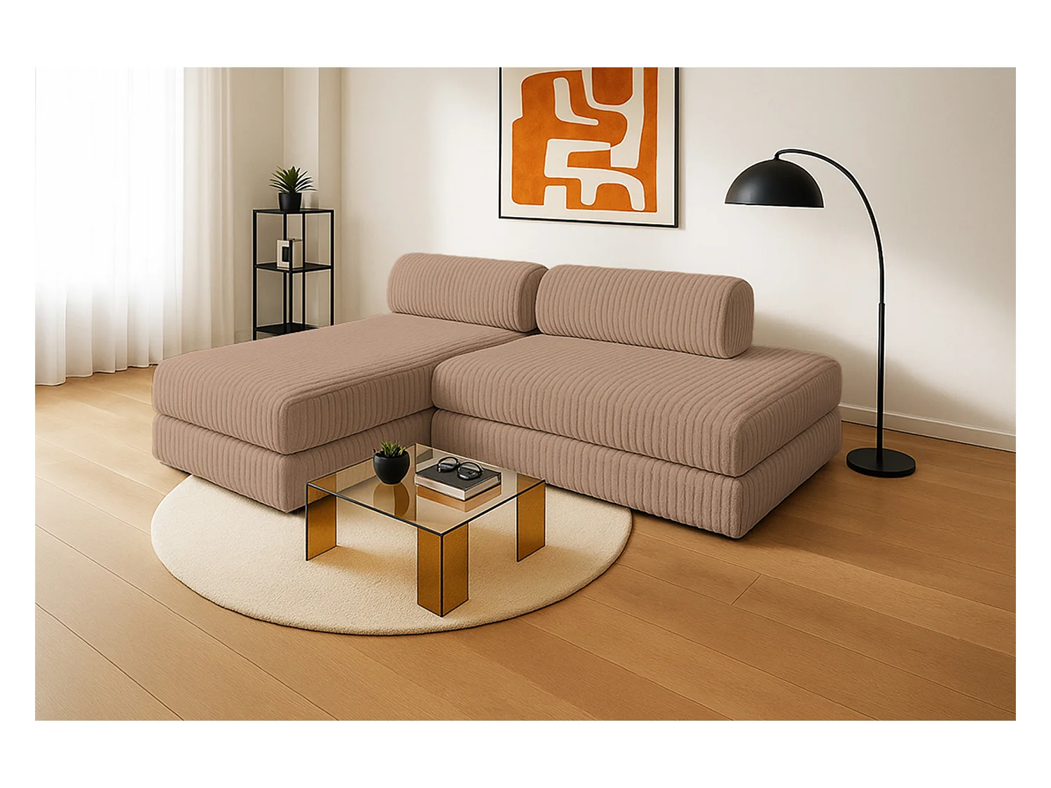 Canapé d'angle modulable et convertible 5 places - Velours côtelé XL - Marron