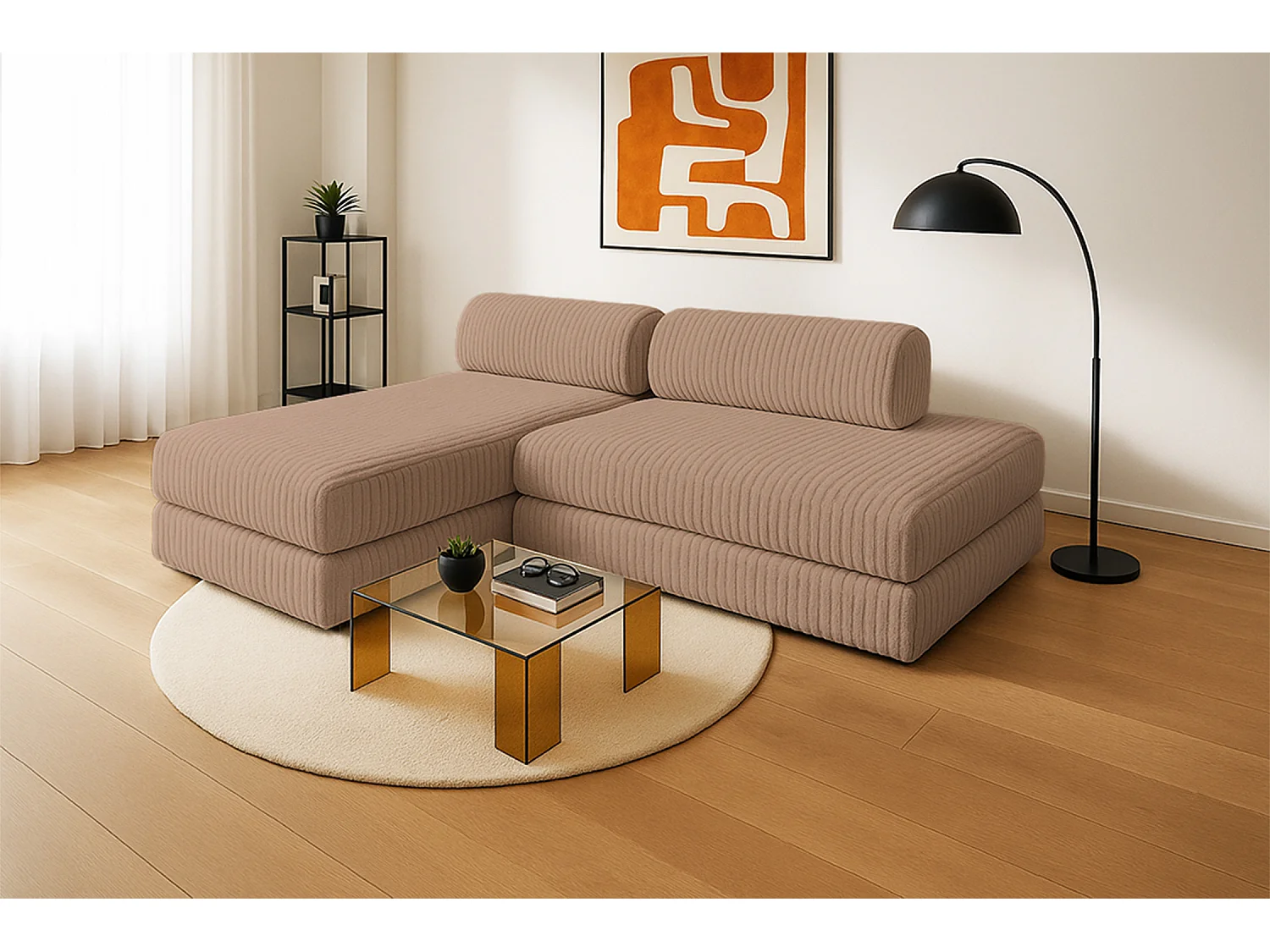 Canapé d'angle modulable et convertible 5 places - Velours côtelé XL - Marron