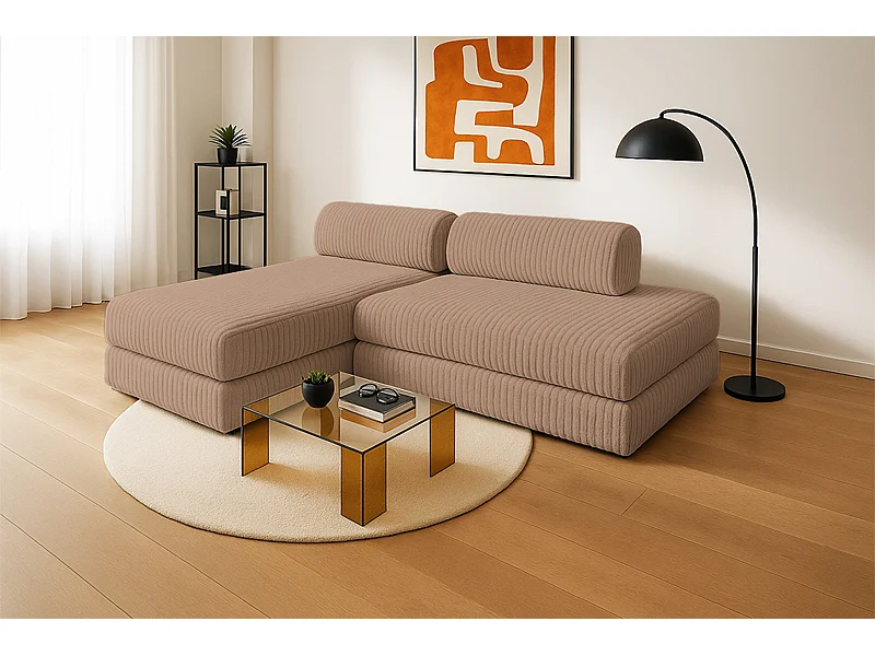 Canapé d'angle modulable et convertible 5 places - Velours côtelé XL - Marron