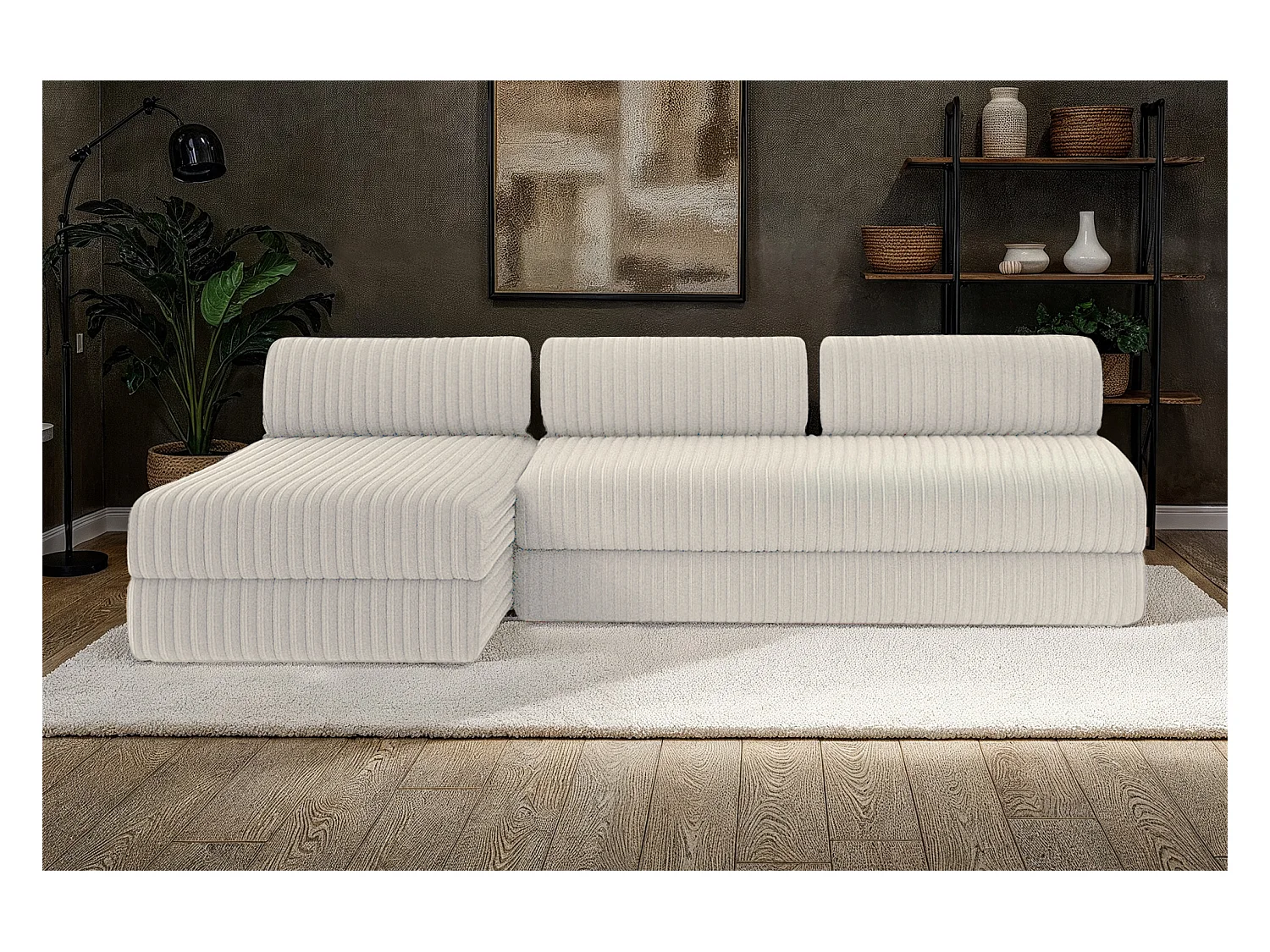 Canapé d'angle modulable et convertible 6 places - Velours côtelé XL - Blanc