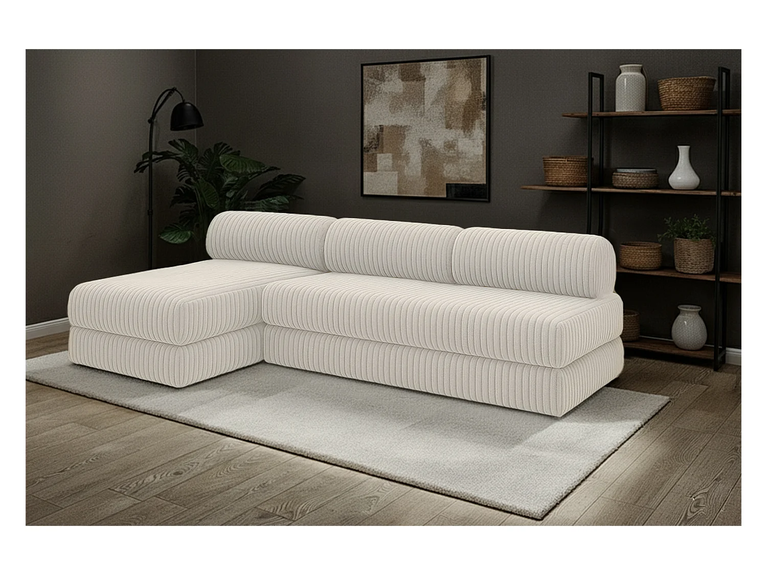 Canapé d'angle modulable et convertible 6 places - Velours côtelé XL - Blanc