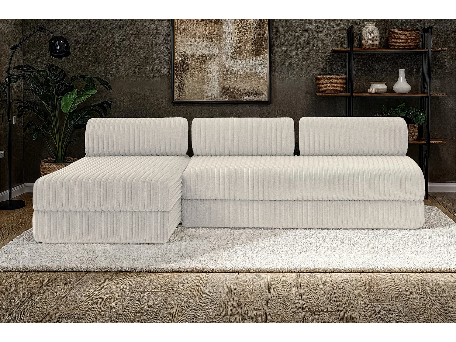 Canapé d'angle modulable et convertible 6 places - Velours côtelé XL - Blanc