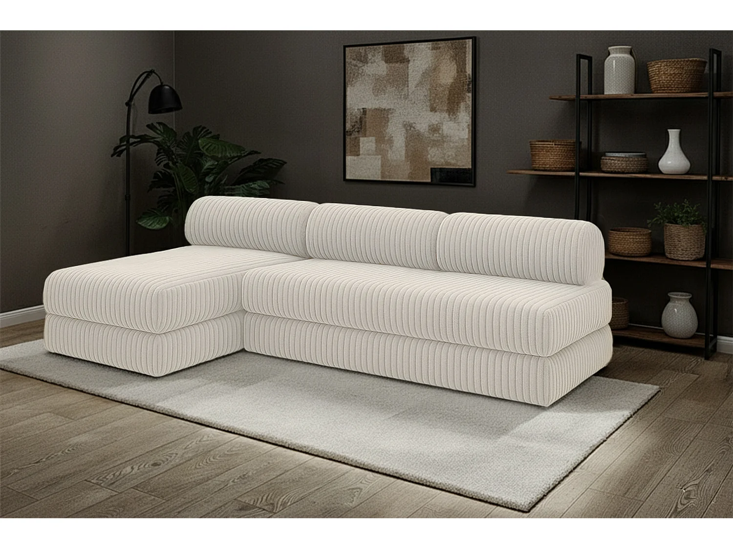 Canapé d'angle modulable et convertible 6 places - Velours côtelé XL - Blanc