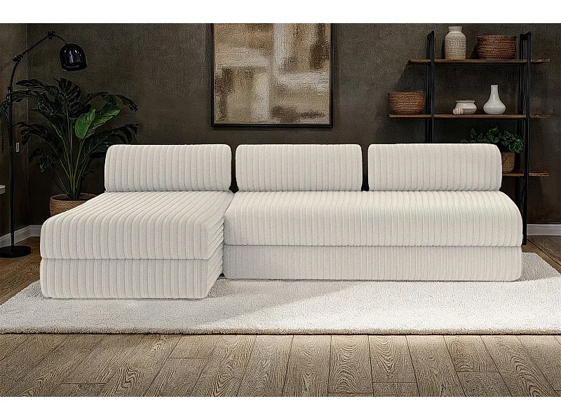 Canapé d'angle modulable et convertible 6 places - Velours côtelé XL - Blanc