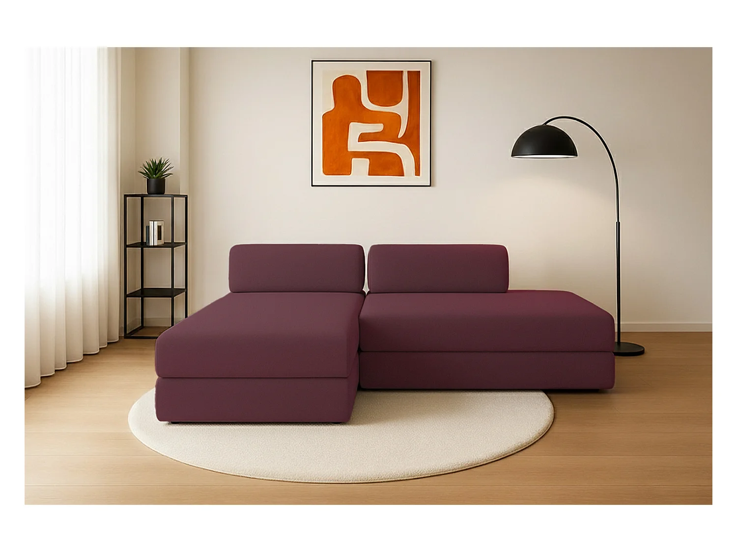 Canapé d'angle modulable et convertible 5 places - Tissu lisse - Rouge