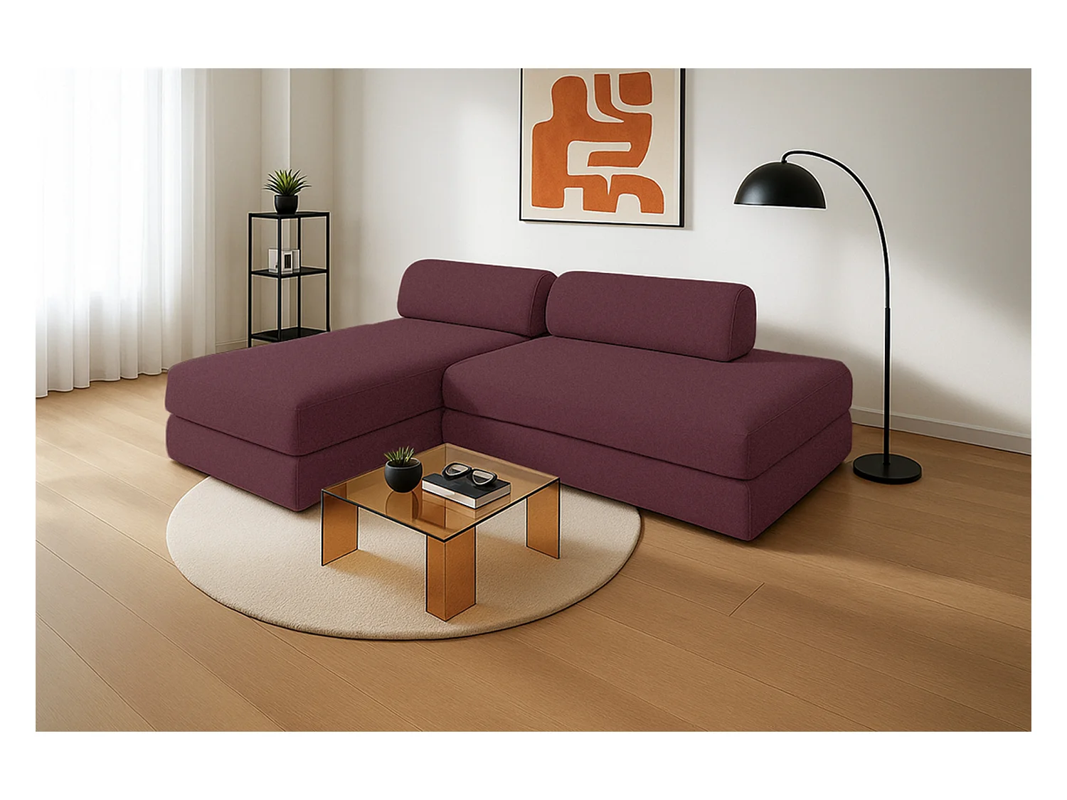 Canapé d'angle modulable et convertible 5 places - Tissu lisse - Rouge