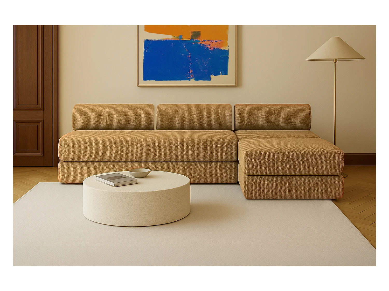 Canapé d'angle modulable et convertible 6 places - Tissu tweed - Jaune