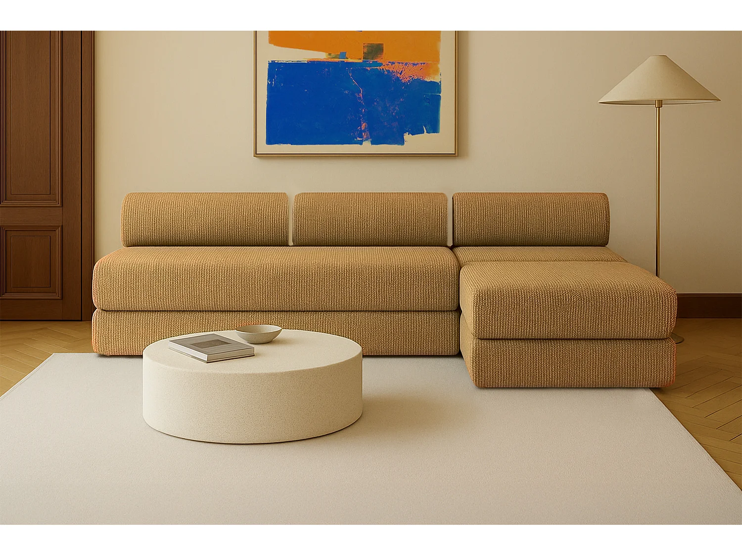 Canapé d'angle modulable et convertible 6 places - Tissu tweed - Jaune