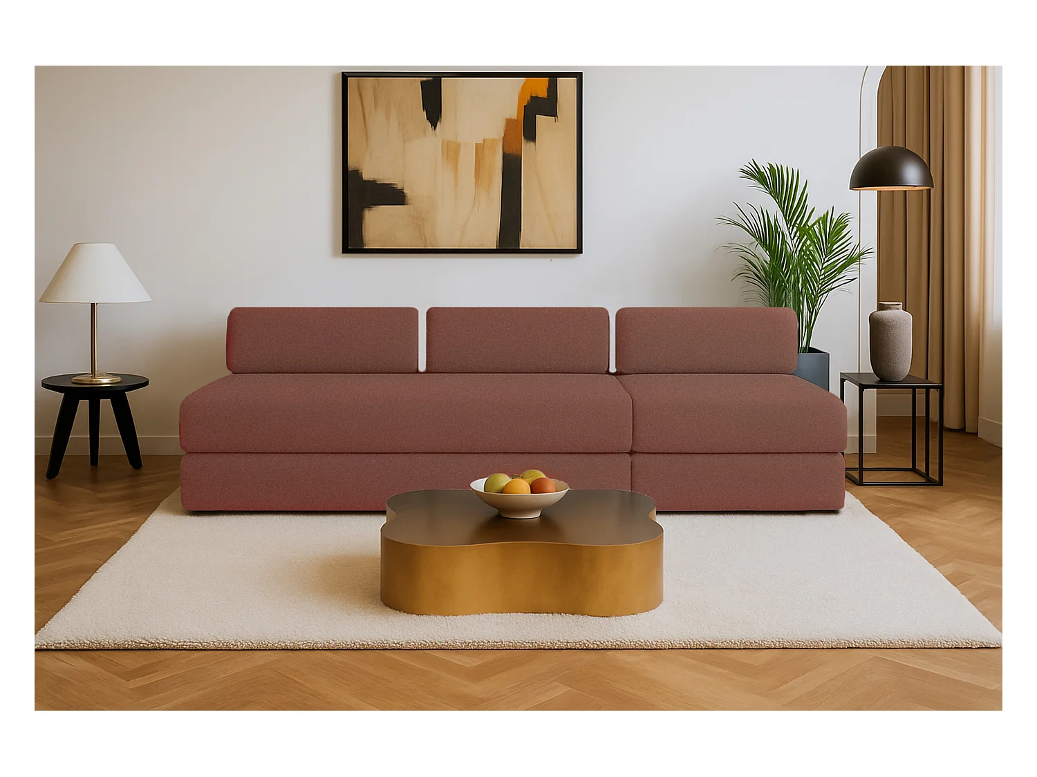 Canapé droit modulable et convertible 4 places - Tissu lisse - Terracotta