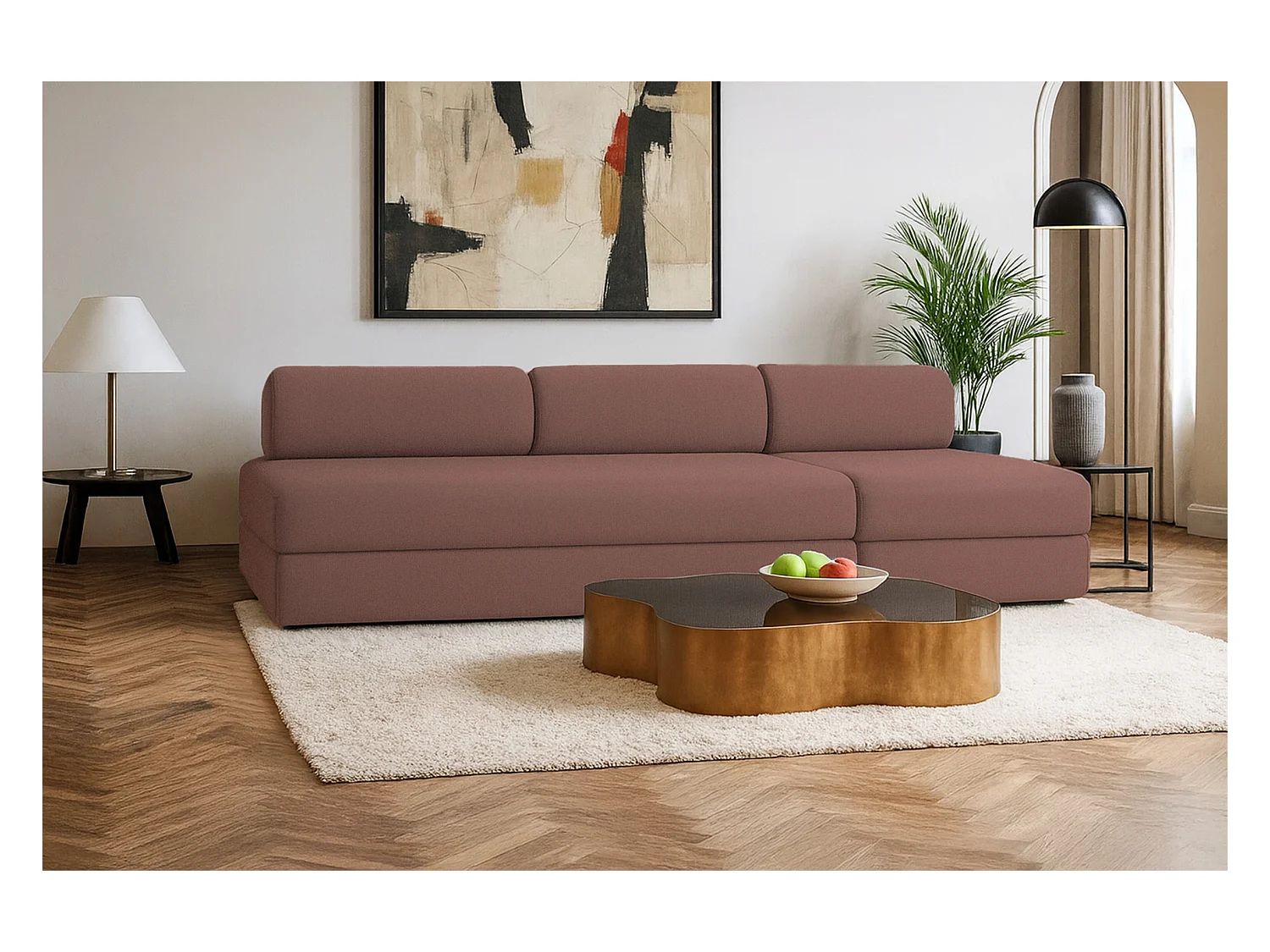 Canapé droit modulable et convertible 4 places - Tissu lisse - Terracotta