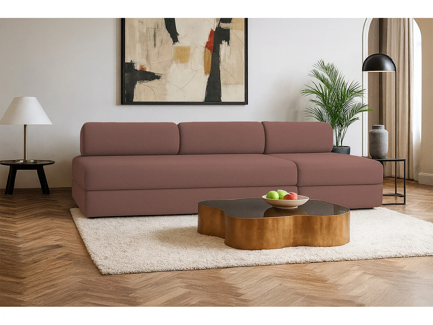 Canapé droit modulable et convertible 4 places - Tissu lisse - Terracotta