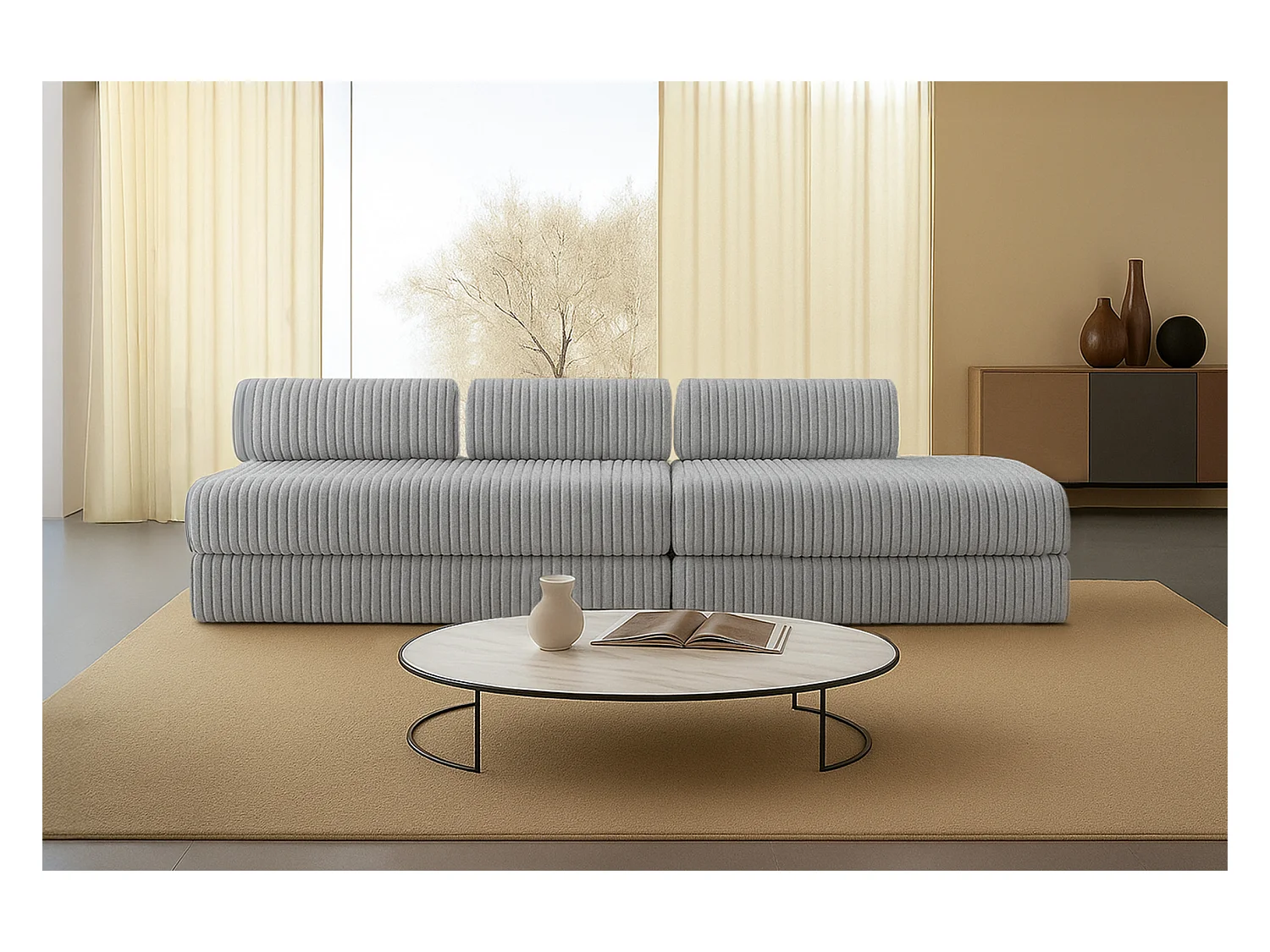 Canapé droit modulable et convertible 5 places - Velours côtelé XL - Gris clair