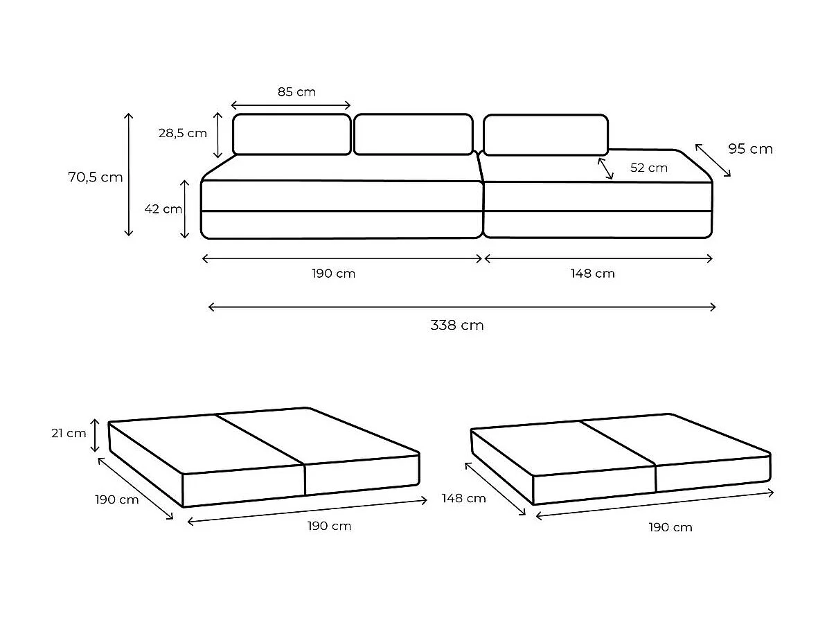 Canapé droit modulable et convertible 5 places - Velours côtelé XL - Gris clair