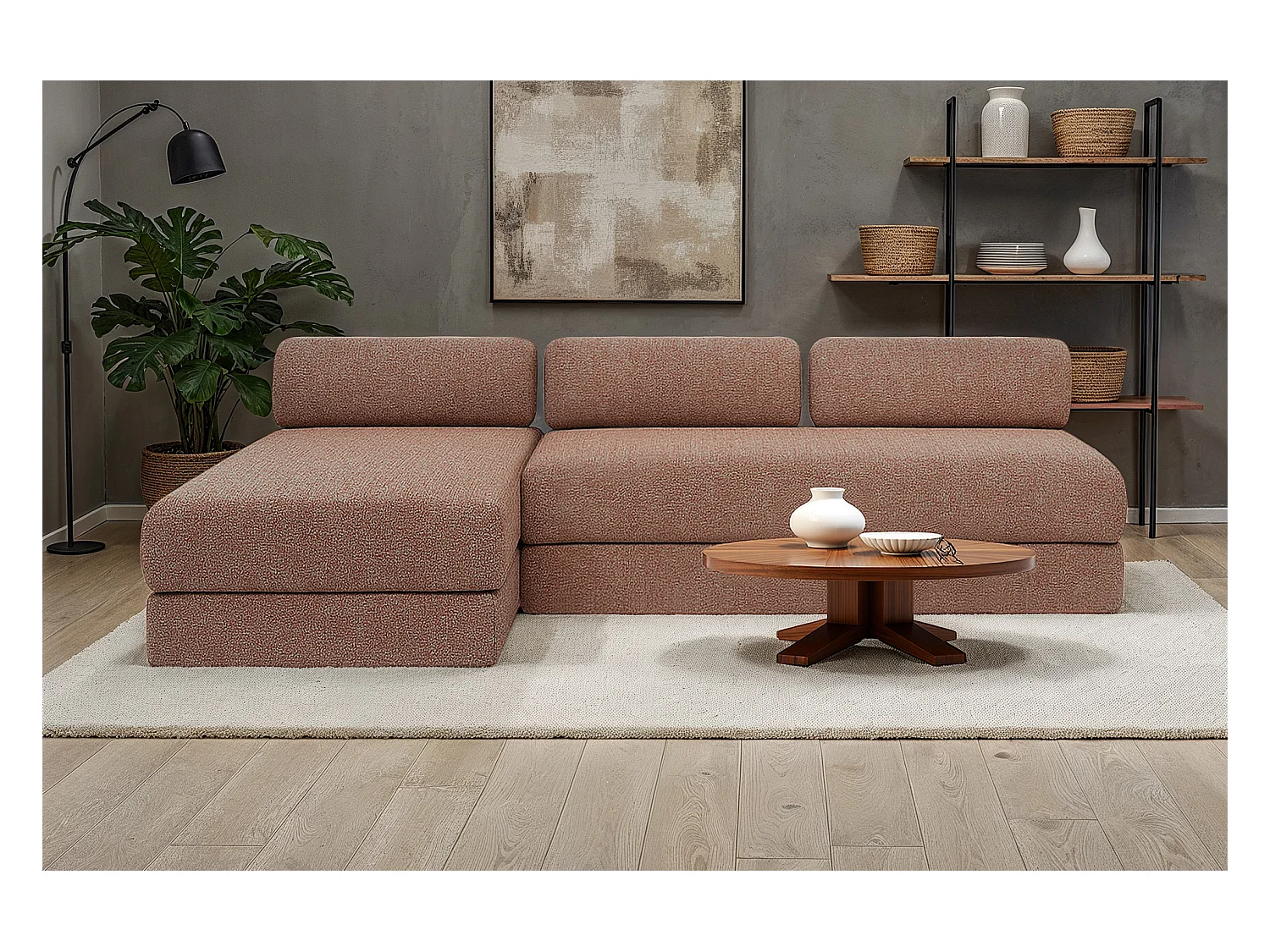 Canapé d'angle modulable et convertible 6 places - Tissu tweed - Rouge