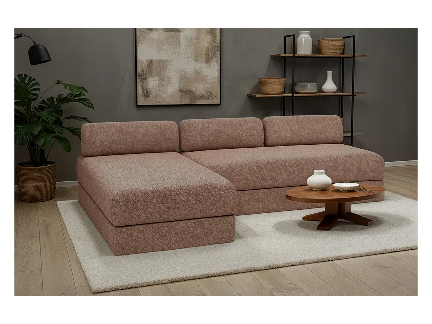 Canapé d'angle modulable et convertible 6 places - Tissu tweed - Rouge