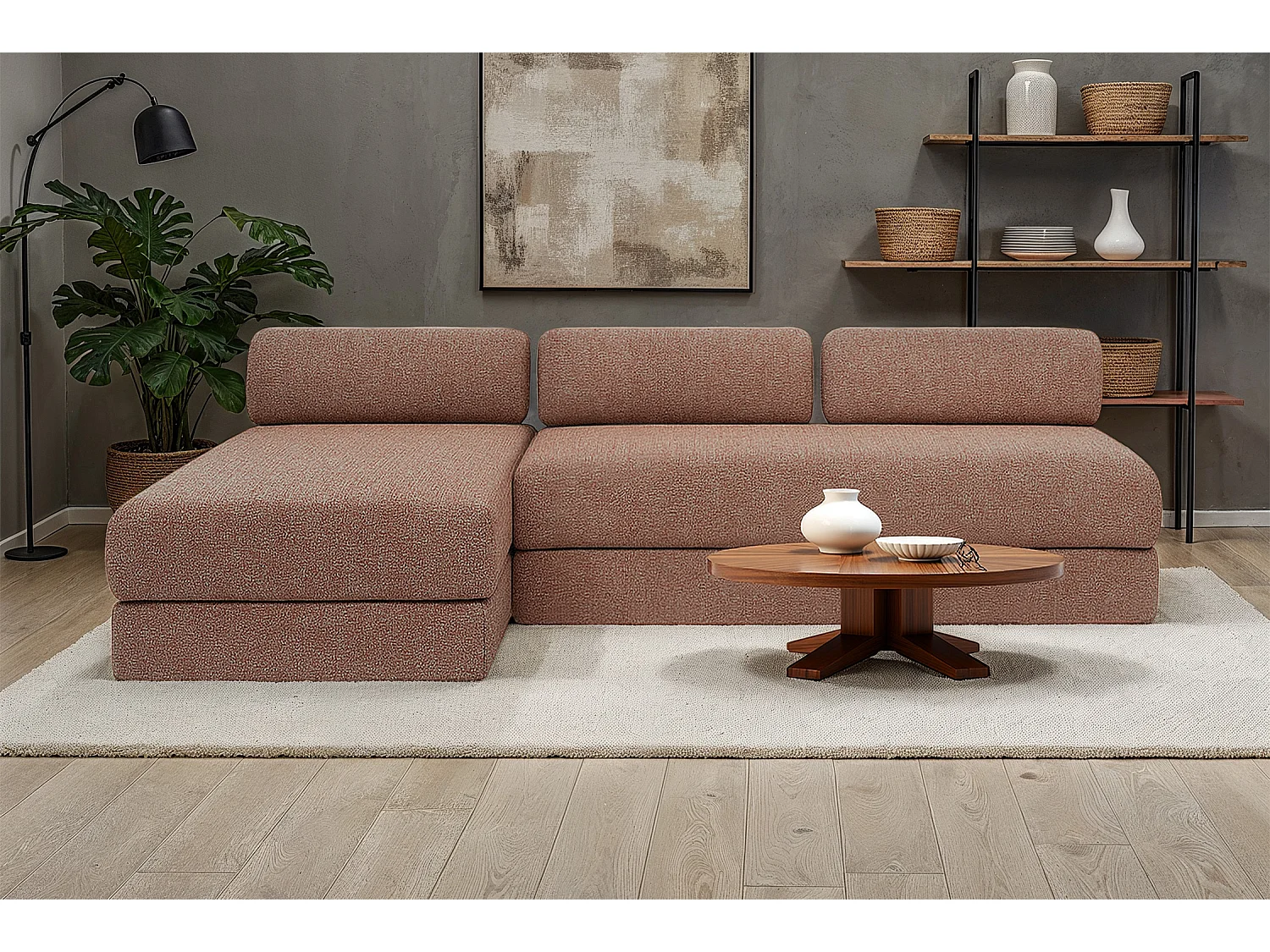 Canapé d'angle modulable et convertible 6 places - Tissu tweed - Rouge