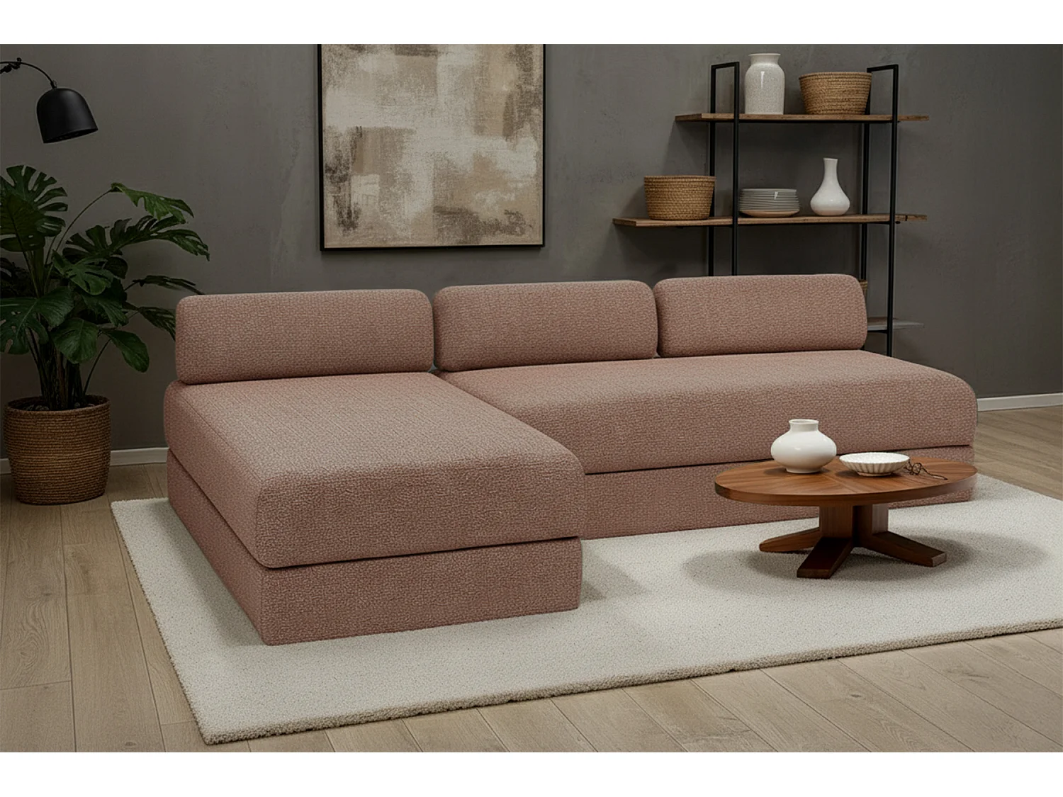 Canapé d'angle modulable et convertible 6 places - Tissu tweed - Rouge