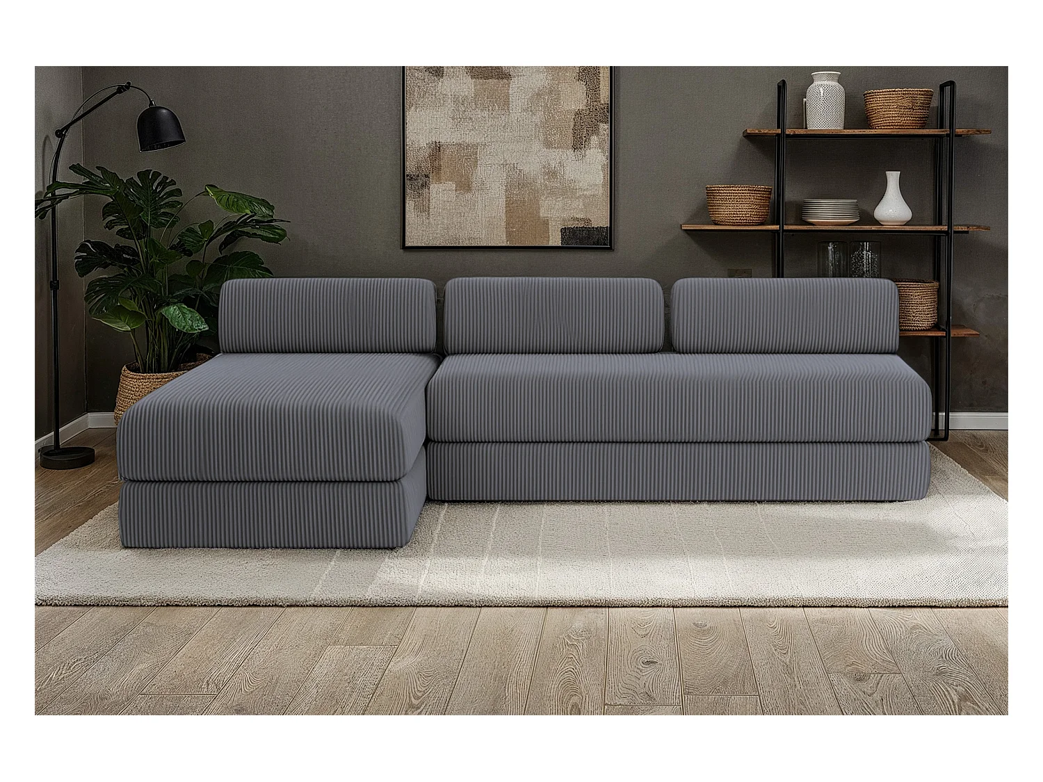 Canapé d'angle modulable et convertible 6 places - Velours côtelé - Gris